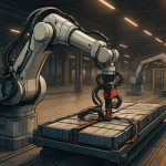 RobotSpace AI editorial illustration for 현대모비스, 배터리 와이어 하네스 '커넥터 체결' 로봇 도입 검토 — 생산성·품질 개선 목표