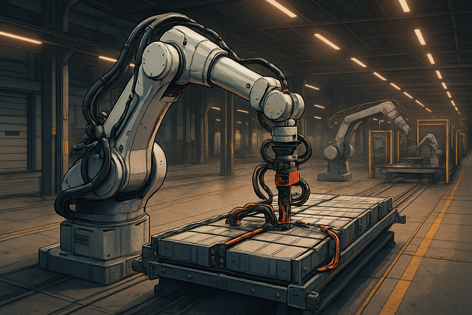 RobotSpace AI editorial illustration for 현대모비스, 배터리 와이어 하네스 '커넥터 체결' 로봇 도입 검토 — 생산성·품질 개선 목표