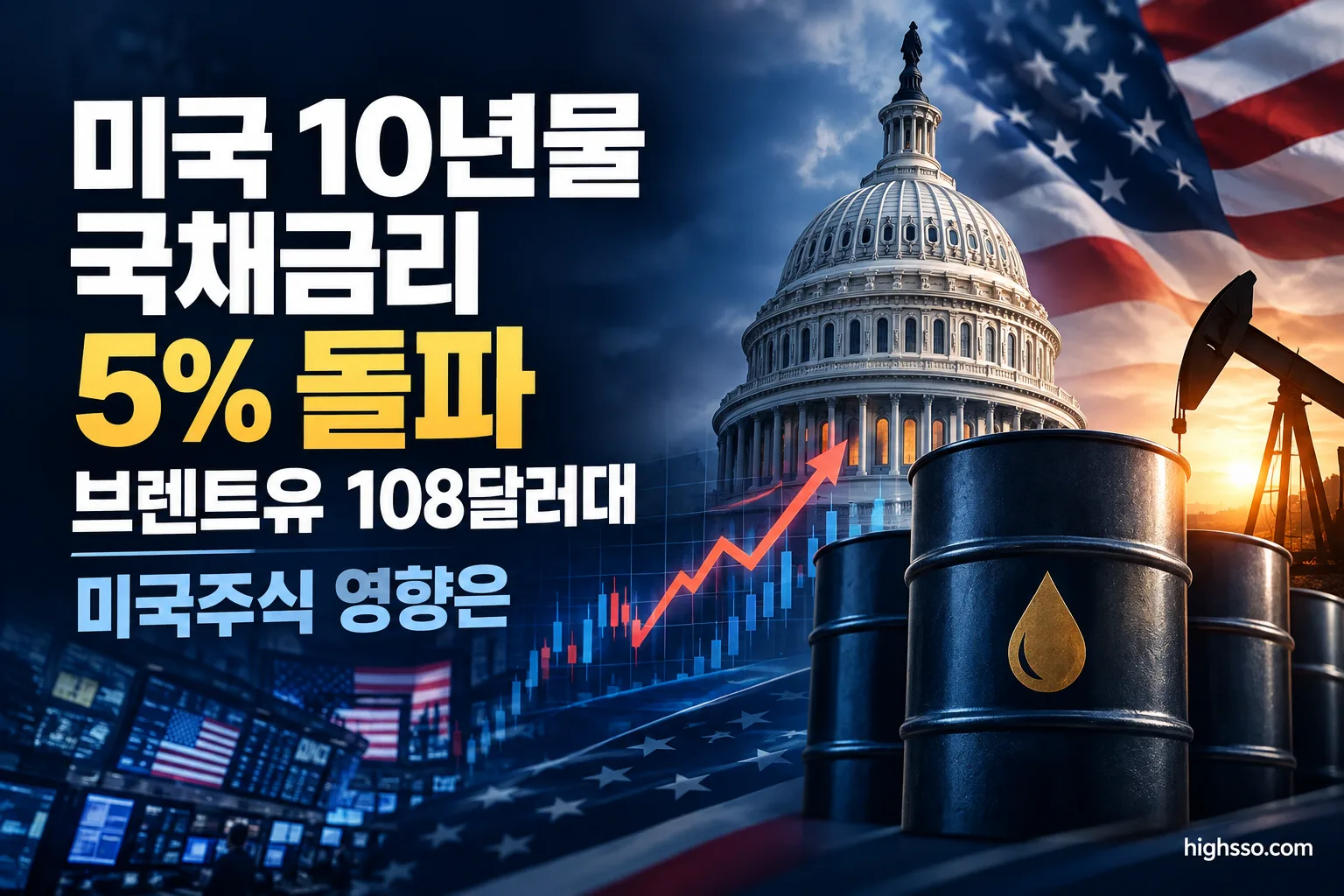 미국 10년물 국채금리 장중 5.041%와 브렌트유 108달러대 상승