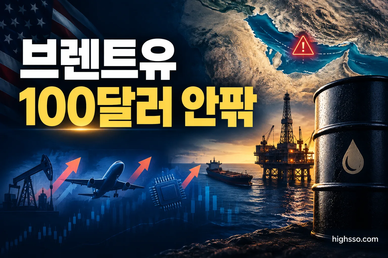 브렌트유 100달러 안팎과 호르무즈 해협 운송 불확실성을 보여주는 미국주식 뉴스 인포그래픽