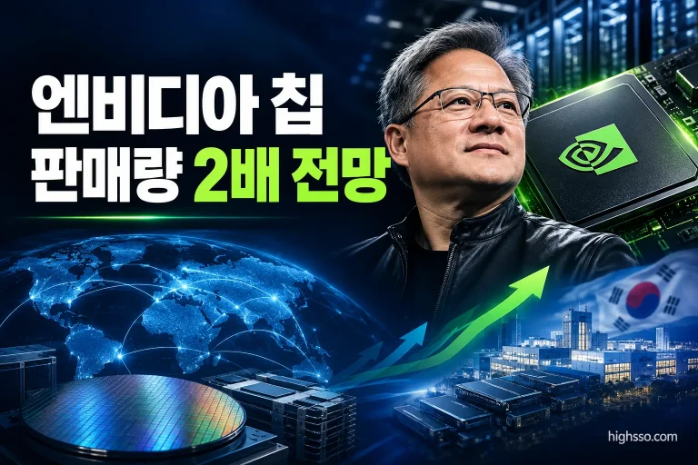 엔비디아 칩 판매량 2배 전망과 AI 데이터센터를 보여주는 뉴스 인포그래픽