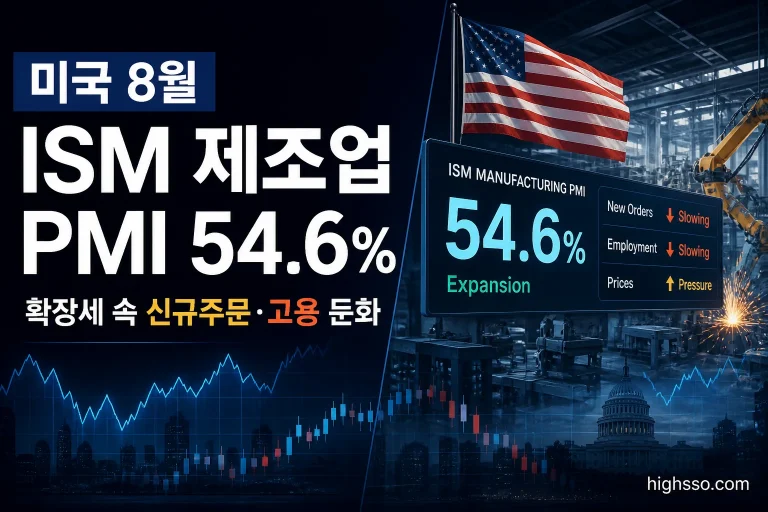 미국 8월 ISM 제조업 PMI 54.6%와 제조업 확장세 및 신규주문 둔화를 보여주는 인포그래픽
