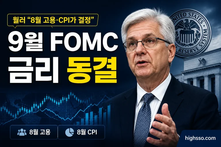 9월 FOMC 금리 동결 가능성과 월러 연준 이사 발언을 보여주는 미국 금리 전망 인포그래픽