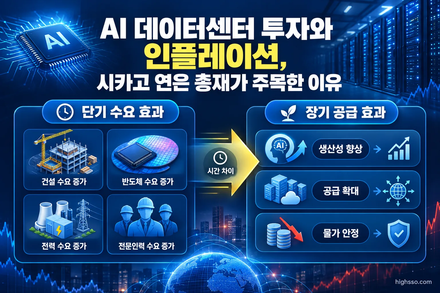 AI 데이터센터 투자의 단기 수요 효과와 장기 생산성 효과 비교