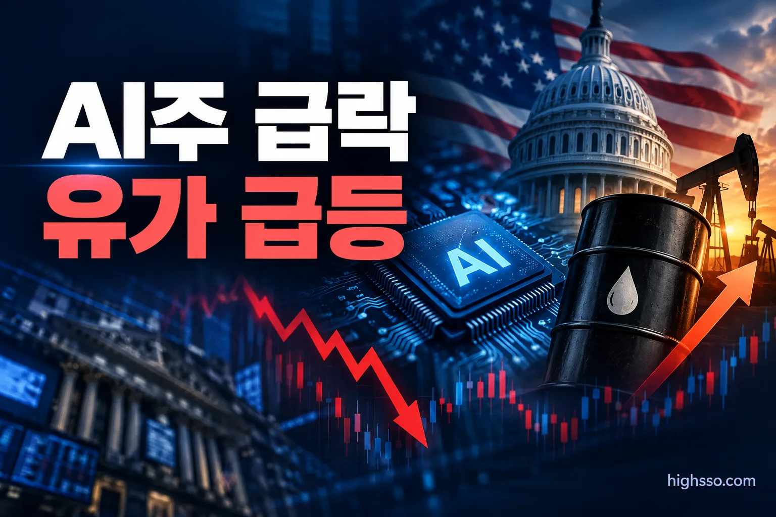 AI주 급락 유가 급등으로 변동성이 커진 미국 증시 인포그래픽