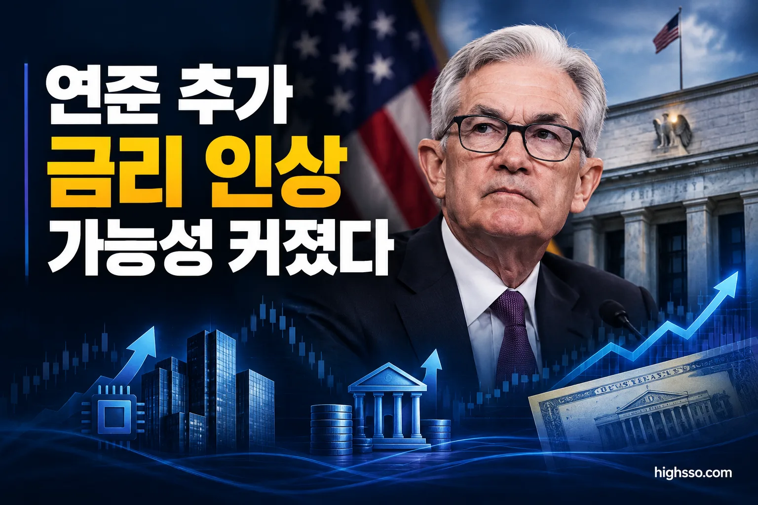 연준 추가 금리 인상 가능성과 미국주식 시장 영향을 보여주는 금융 뉴스 인포그래픽
