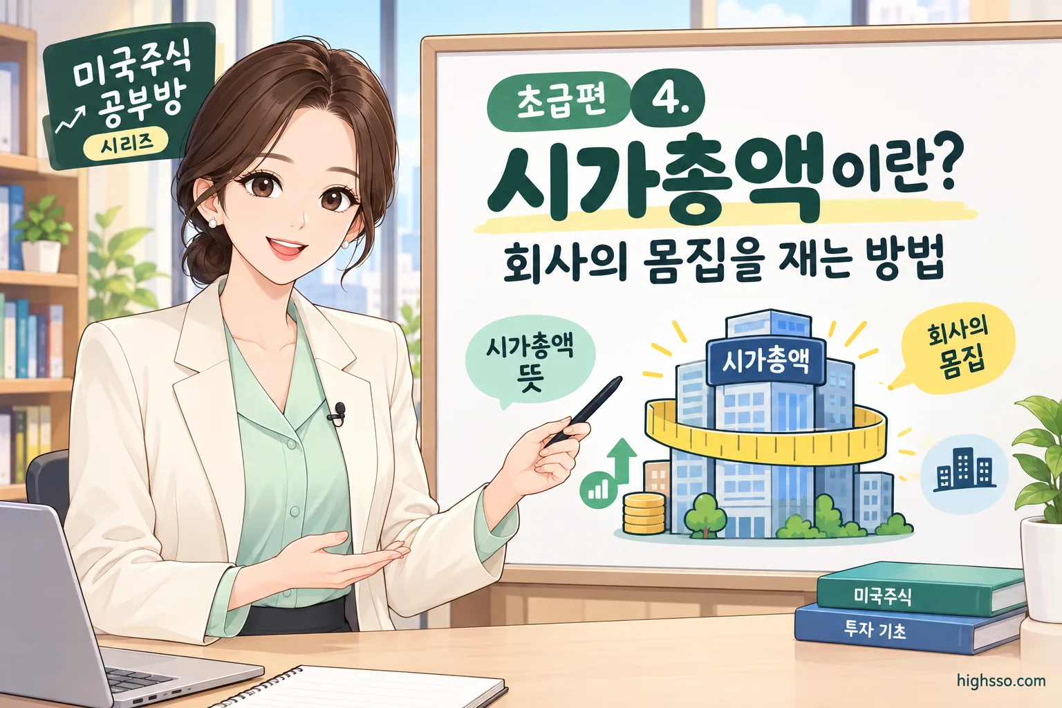 시가총액 뜻과 주가 및 발행 주식 수의 관계를 보여주는 미국주식 인포그래픽