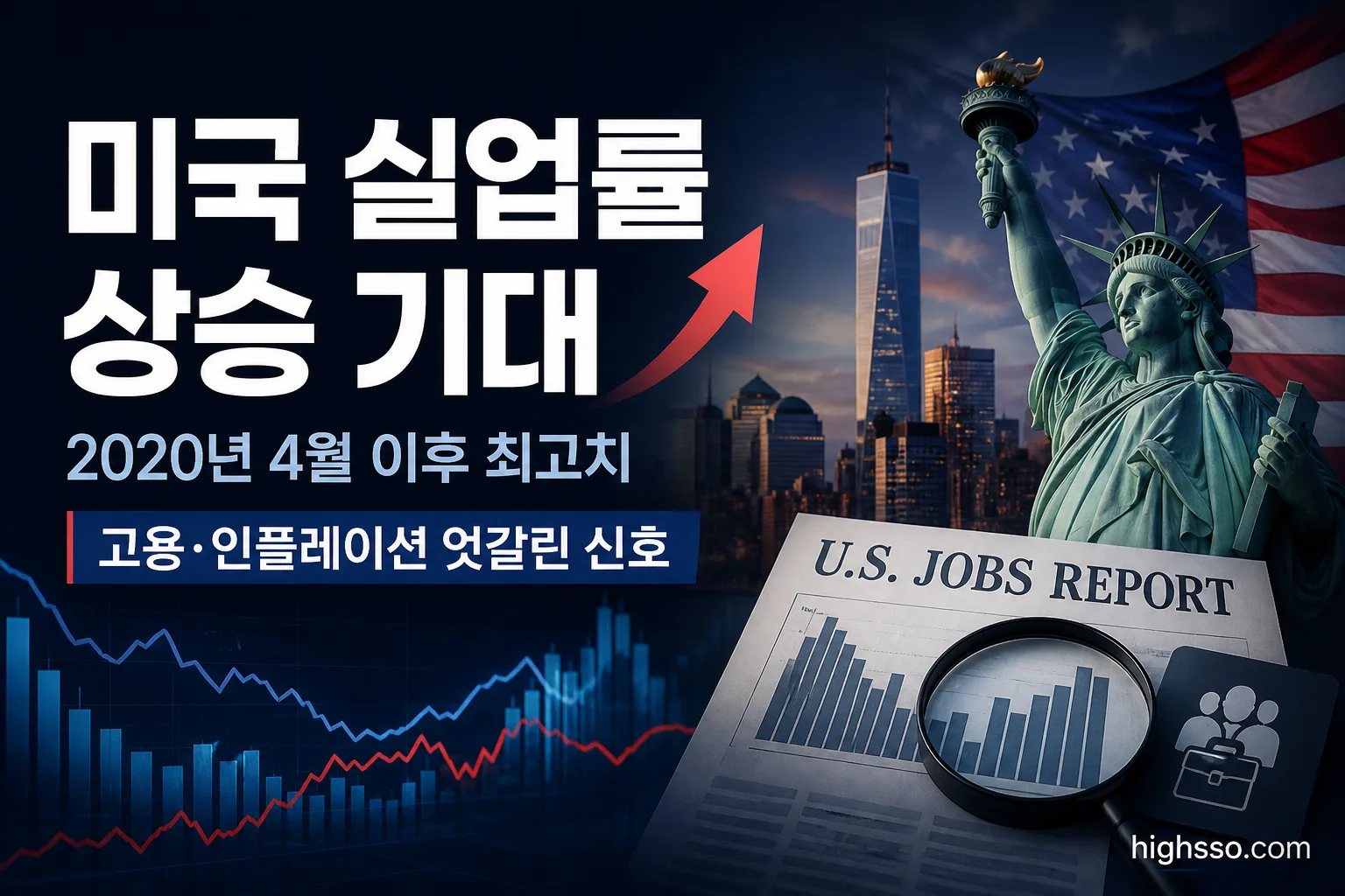 미국 실업률 상승 기대 44.4%와 뉴욕 연은 소비자 설문을 보여주는 금융 뉴스 인포그래픽