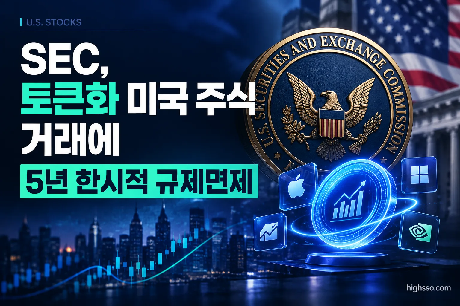 SEC의 토큰화 미국 주식 거래 5년 한시적 규제면제를 보여주는 금융 인포그래픽