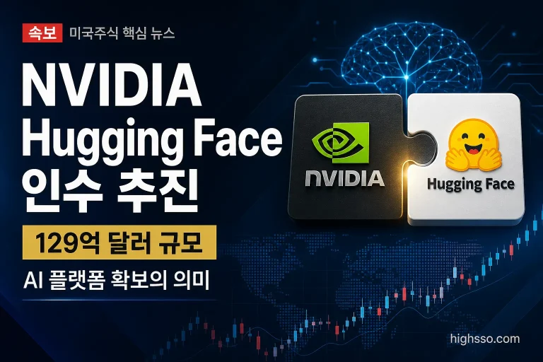 NVIDIA Hugging Face 인수와 129억 달러 규모 오픈소스 AI 플랫폼 거래를 표현한 뉴스 인포그래픽