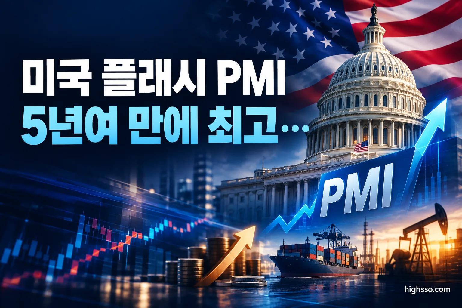 미국 플래시 PMI 58.4와 인플레이션 압력 상승을 보여주는 미국 경제 인포그래픽