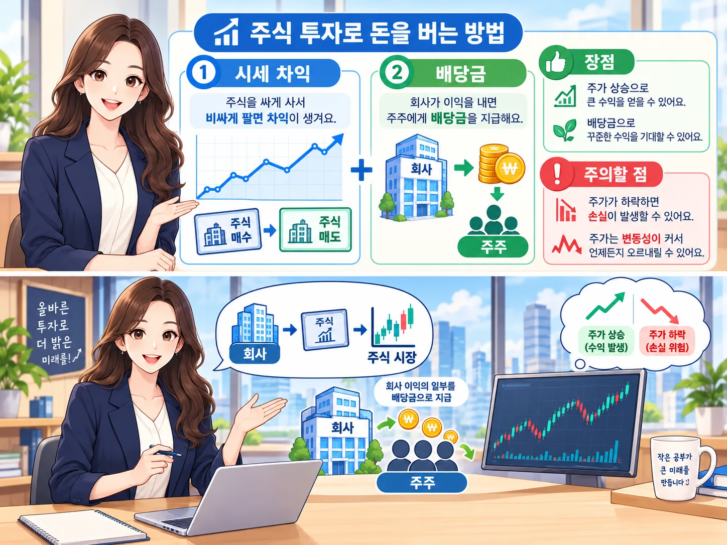 주식 투자에서 주가 차익과 배당금이 발생하는 과정을 설명한 인포그래픽