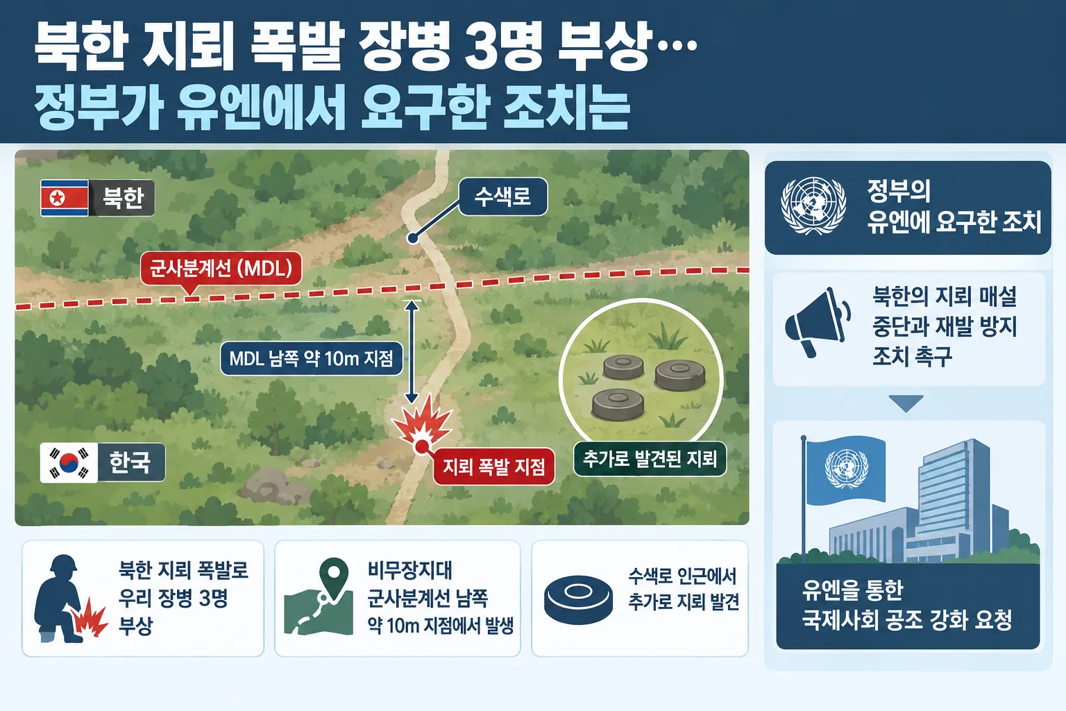 북한 지뢰 폭발 장병 3명 부상 핵심 정보