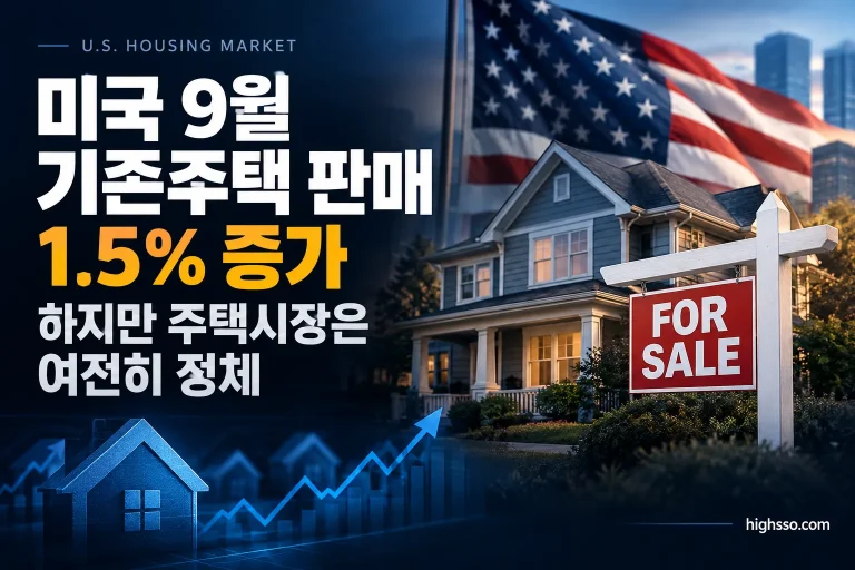 미국 9월 기존주택 판매 399만 채와 높은 모기지 금리를 보여주는 주택시장 뉴스 인포그래픽