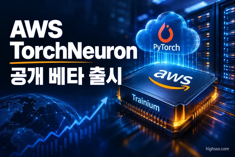 AWS TorchNeuron과 Trainium2·Trainium3의 PyTorch 지원을 보여주는 AI 칩 인포그래픽