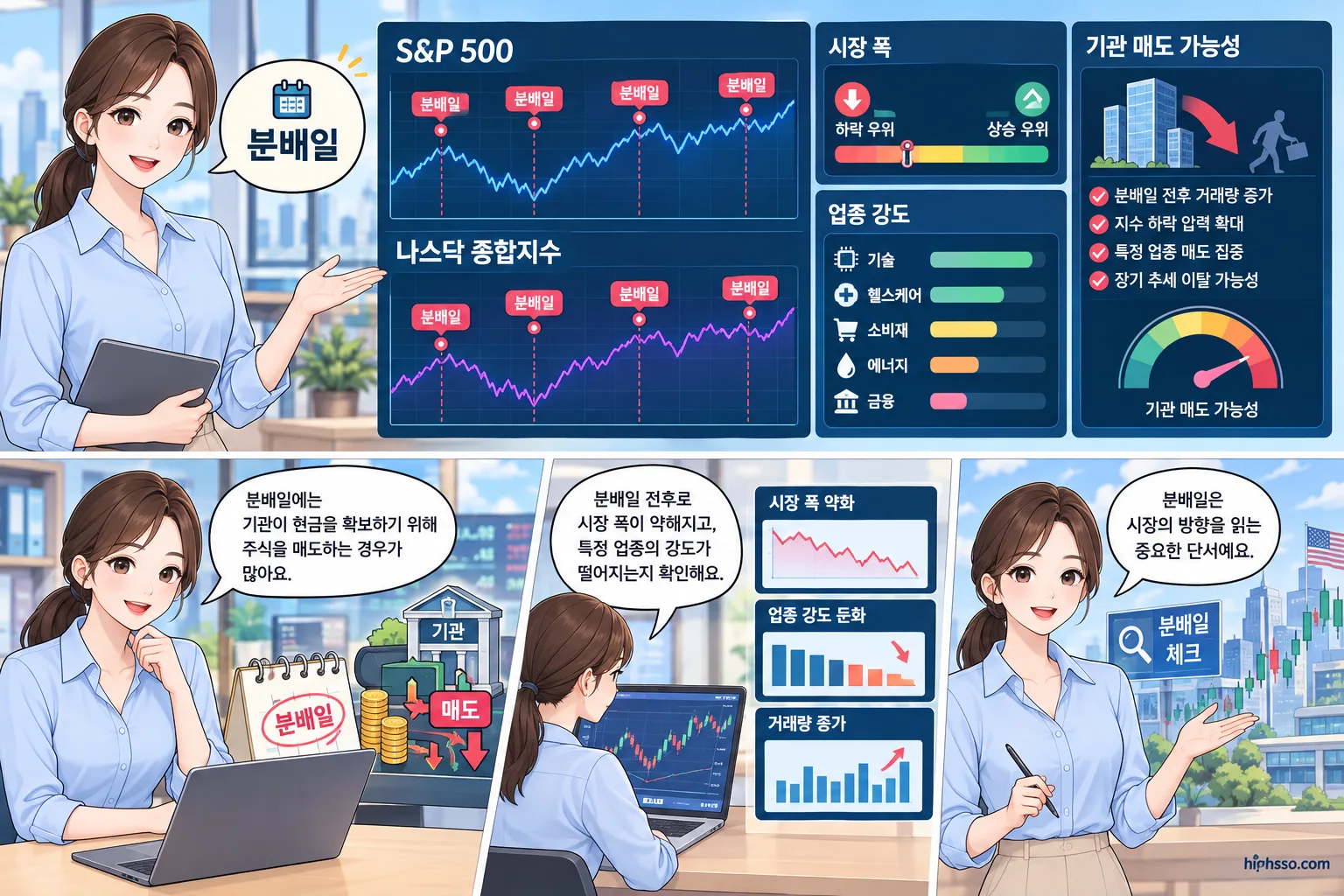 미국주식 시장에서 분배일 누적과 기관 매도 압력을 분석하는 대시보드