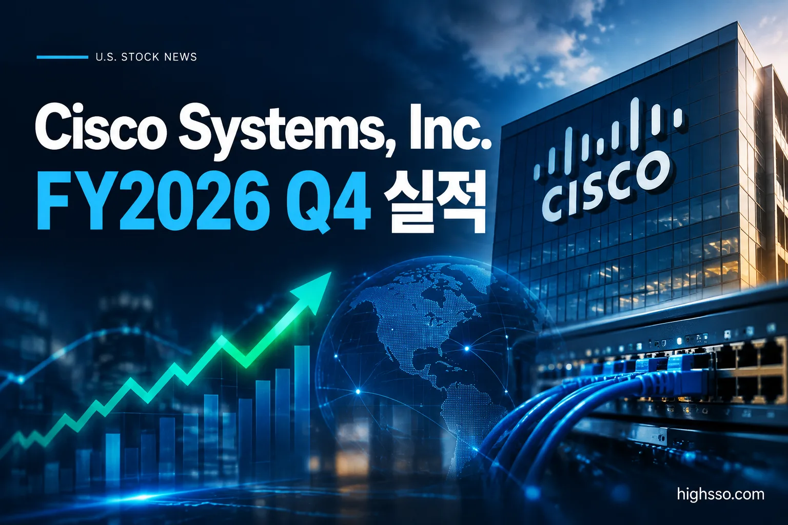 Cisco Systems, Inc. FY2026 Q4 실적 매출 EPS와 주가 반응을 보여주는 어닝 리포트 인포그래픽