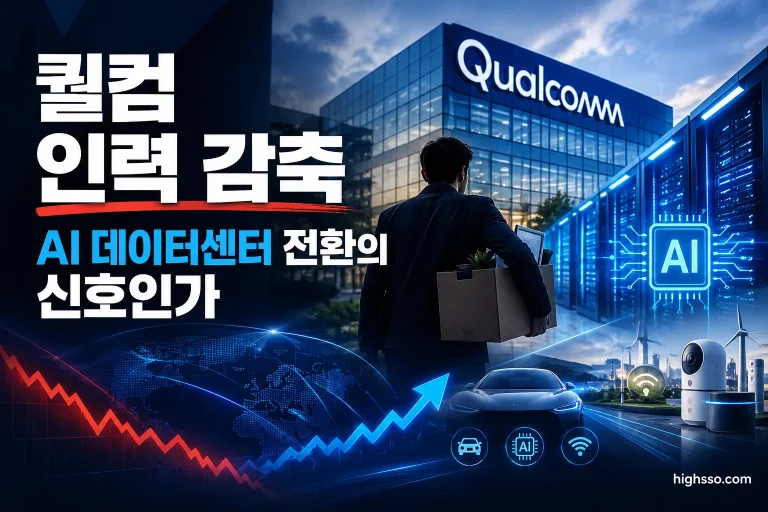퀄컴 인력 감축과 AI 데이터센터 중심 사업 재편을 보여주는 뉴스 인포그래픽