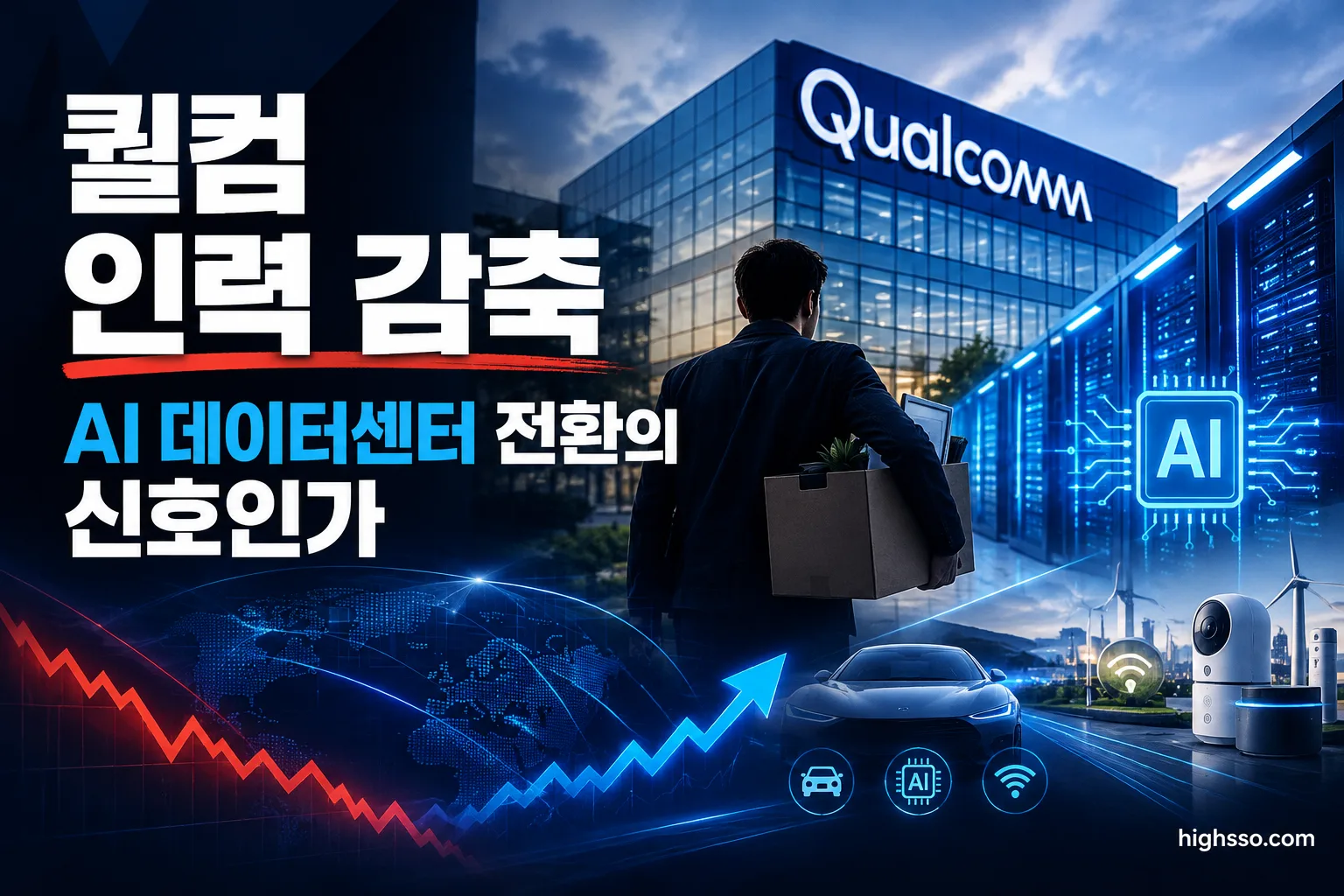 퀄컴 인력 감축과 AI 데이터센터 중심 사업 재편을 보여주는 뉴스 인포그래픽