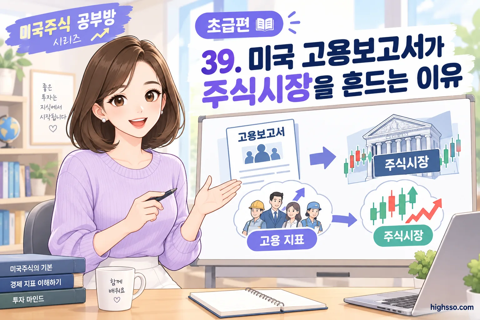 고용보고서 주식 영향과 미국 경제 및 금리의 관계를 보여주는 인포그래픽