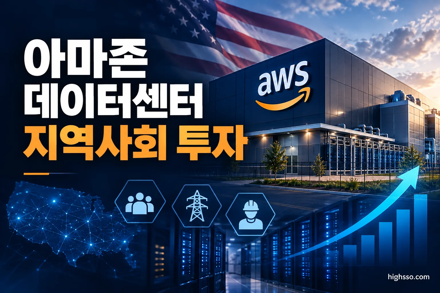 아마존 데이터센터 지역사회 투자와 5년간 10억 달러 이상 규모를 보여주는 인포그래픽