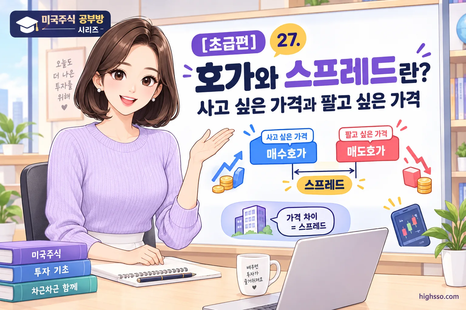 미국주식 호가와 스프레드의 개념을 보여주는 매수호가와 매도호가 인포그래픽