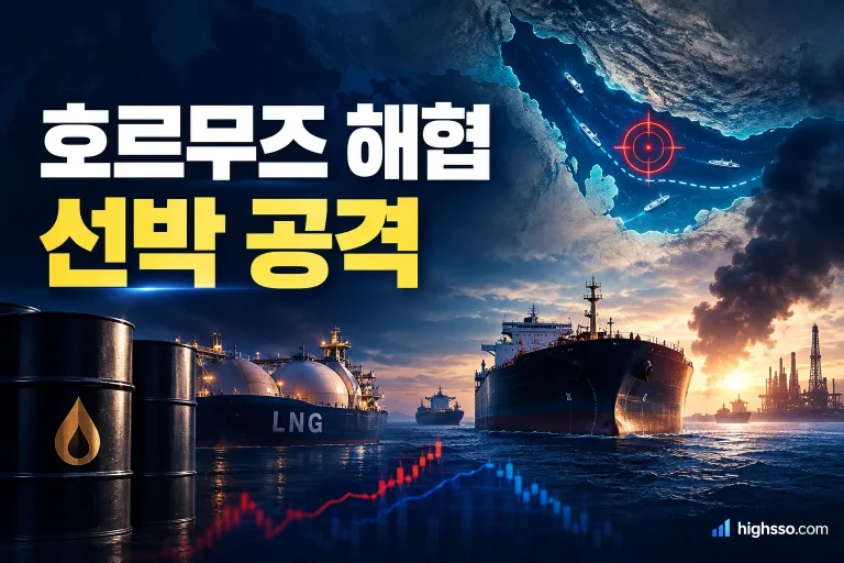 호르무즈 해협 선박 공격과 유가 공급 리스크를 보여주는 뉴스 인포그래픽