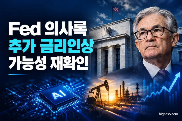 Fed 의사록 추가 금리인상 가능성과 AI 수요 및 장기금리를 보여주는 미국주식 뉴스 인포그래픽