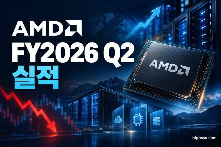 AMD FY2026 Q2 실적의 매출, Non-GAAP EPS, Q3 가이던스와 주가 반응을 정리한 인포그래픽