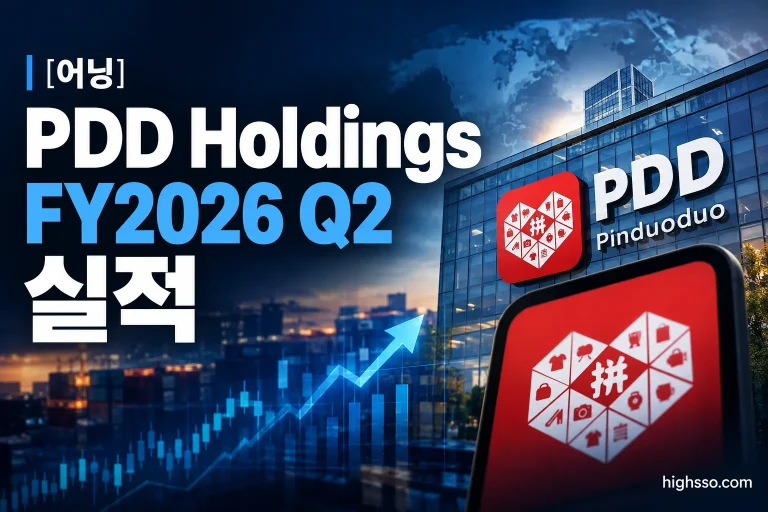 PDD Holdings FY2026 Q2 실적의 매출과 EPS 및 주가 반응을 보여주는 어닝 인포그래픽