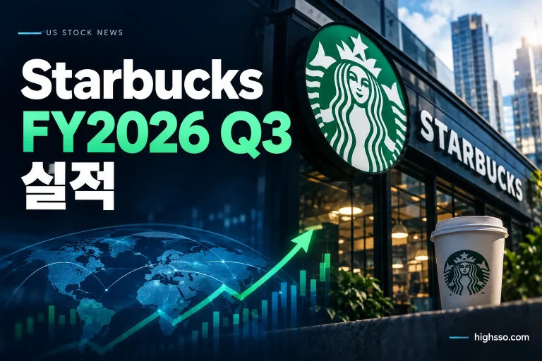 Starbucks FY2026 Q3 실적의 매출 EPS 가이던스와 주가 반응을 보여주는 인포그래픽