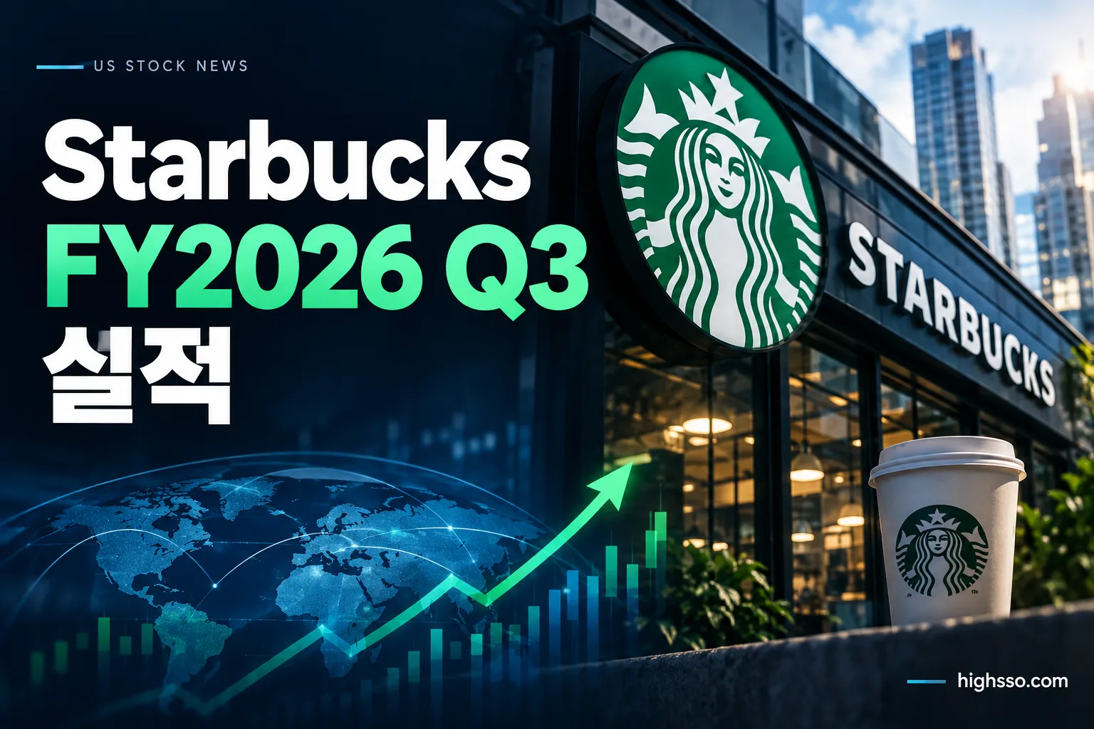Starbucks FY2026 Q3 실적의 매출 EPS 가이던스와 주가 반응을 보여주는 인포그래픽