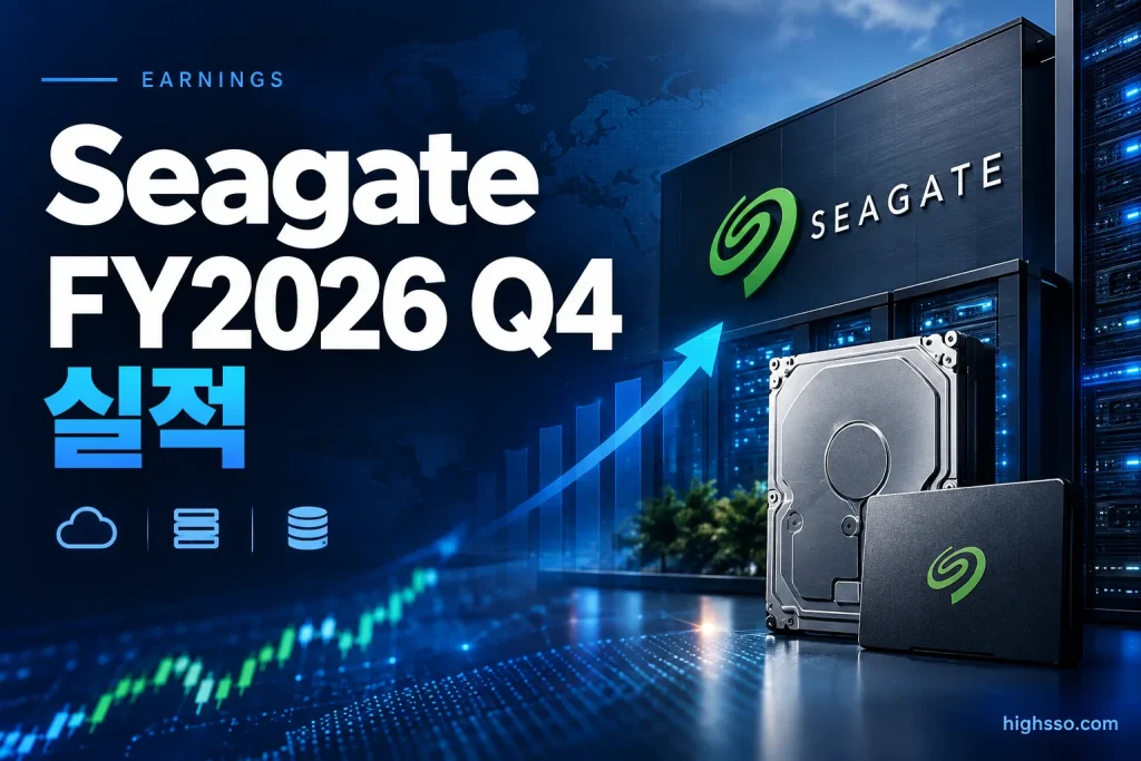 Seagate FY2026 Q4 실적과 FY2027 Q1 가이던스를 보여주는 AI 데이터센터 및 HDD 인포그래픽
