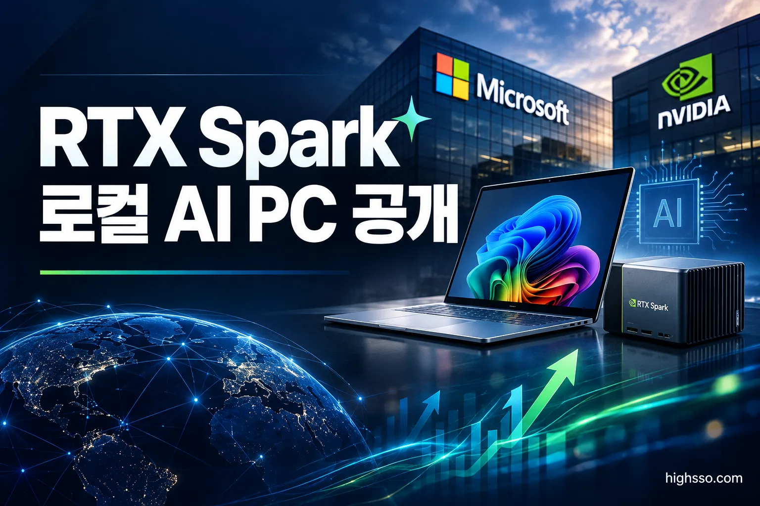 RTX Spark 기반 Surface 로컬 AI PC와 NVIDIA GPU를 표현한 미국주식 뉴스 인포그래픽