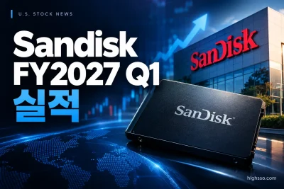 Sandisk Corporation FY2027 Q1 실적의 매출과 EPS, Q2 가이던스를 보여주는 금융 뉴스 인포그래픽