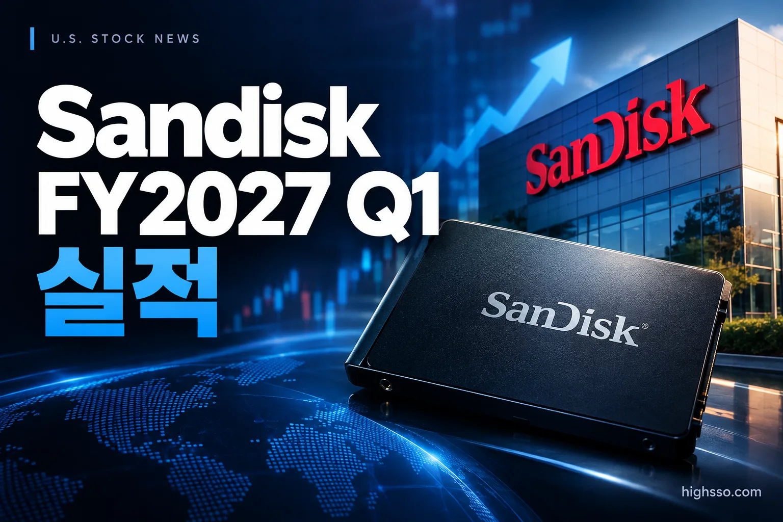 Sandisk Corporation FY2027 Q1 실적의 매출과 EPS, Q2 가이던스를 보여주는 금융 뉴스 인포그래픽